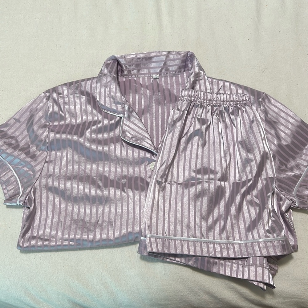 S, purple pajama set, satin, never worn
